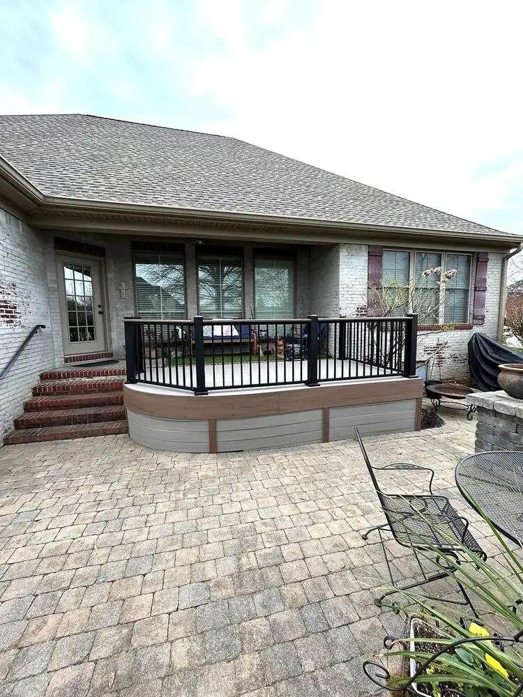 Raised deck with black metal railings