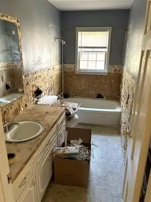 {
  "description": "The image shows a small residential bathroom in the middle of a remodel. The lower portions of the walls 